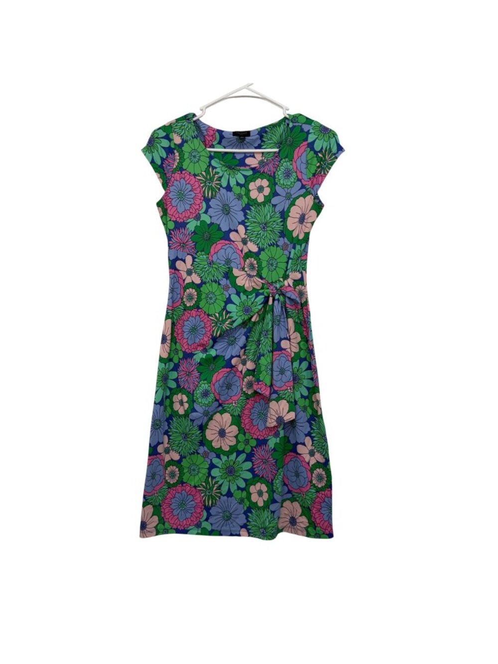 Talbots Petite Floral Print Tie-Waist Dress Cap Sleeves Green/Blue/Pink Size P